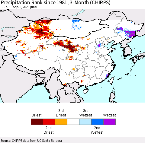 China, Mongolia and Taiwan Precipitation Rank since 1981, 3-Month (CHIRPS) Thematic Map For 6/6/2023 - 9/5/2023