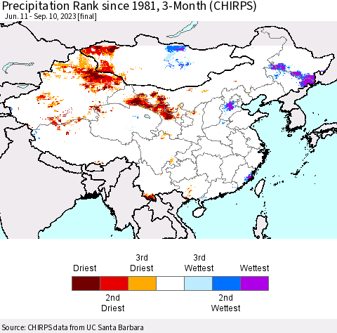 China, Mongolia and Taiwan Precipitation Rank since 1981, 3-Month (CHIRPS) Thematic Map For 6/11/2023 - 9/10/2023