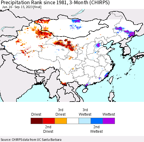 China, Mongolia and Taiwan Precipitation Rank since 1981, 3-Month (CHIRPS) Thematic Map For 6/16/2023 - 9/15/2023