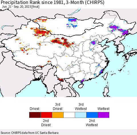 China, Mongolia and Taiwan Precipitation Rank since 1981, 3-Month (CHIRPS) Thematic Map For 6/21/2023 - 9/20/2023