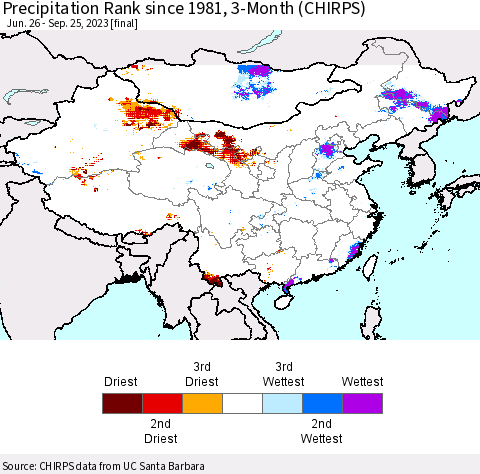 China, Mongolia and Taiwan Precipitation Rank since 1981, 3-Month (CHIRPS) Thematic Map For 6/26/2023 - 9/25/2023