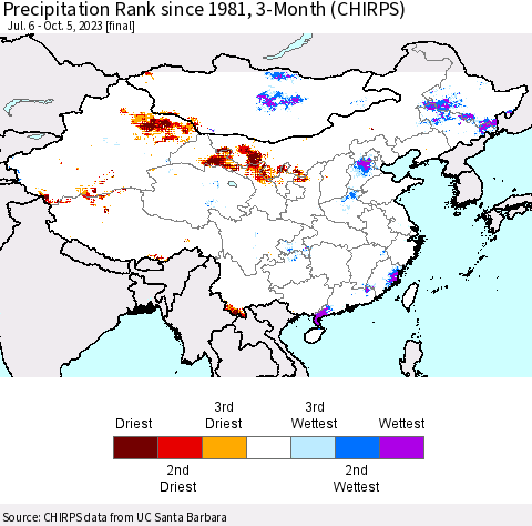 China, Mongolia and Taiwan Precipitation Rank since 1981, 3-Month (CHIRPS) Thematic Map For 7/6/2023 - 10/5/2023