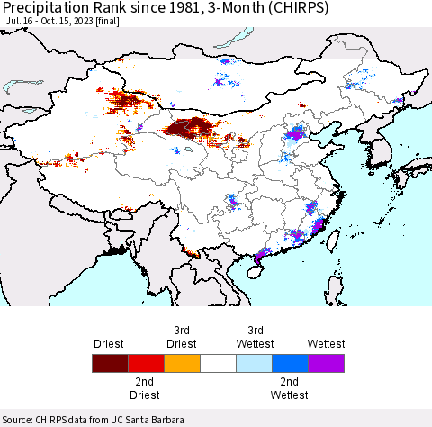 China, Mongolia and Taiwan Precipitation Rank since 1981, 3-Month (CHIRPS) Thematic Map For 7/16/2023 - 10/15/2023