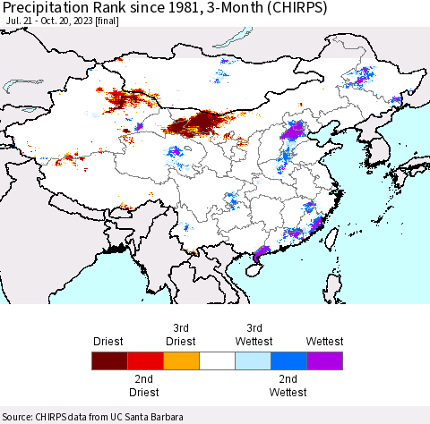 China, Mongolia and Taiwan Precipitation Rank since 1981, 3-Month (CHIRPS) Thematic Map For 7/21/2023 - 10/20/2023