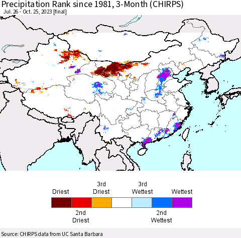 China, Mongolia and Taiwan Precipitation Rank since 1981, 3-Month (CHIRPS) Thematic Map For 7/26/2023 - 10/25/2023