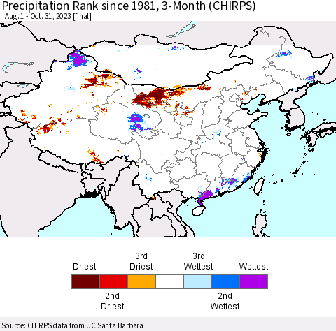 China, Mongolia and Taiwan Precipitation Rank since 1981, 3-Month (CHIRPS) Thematic Map For 8/1/2023 - 10/31/2023
