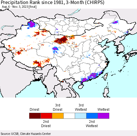 China, Mongolia and Taiwan Precipitation Rank since 1981, 3-Month (CHIRPS) Thematic Map For 8/6/2023 - 11/5/2023