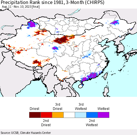 China, Mongolia and Taiwan Precipitation Rank since 1981, 3-Month (CHIRPS) Thematic Map For 8/11/2023 - 11/10/2023