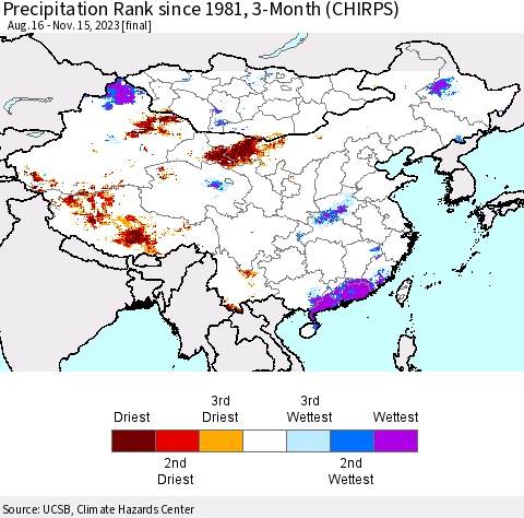 China, Mongolia and Taiwan Precipitation Rank since 1981, 3-Month (CHIRPS) Thematic Map For 8/16/2023 - 11/15/2023