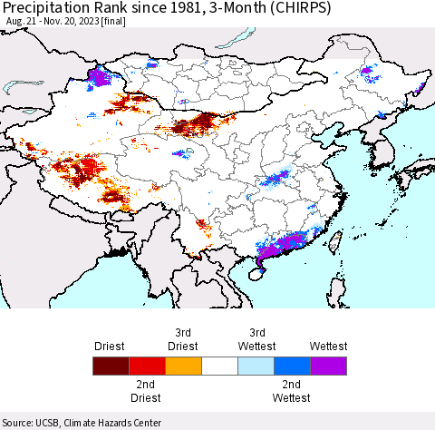 China, Mongolia and Taiwan Precipitation Rank since 1981, 3-Month (CHIRPS) Thematic Map For 8/21/2023 - 11/20/2023