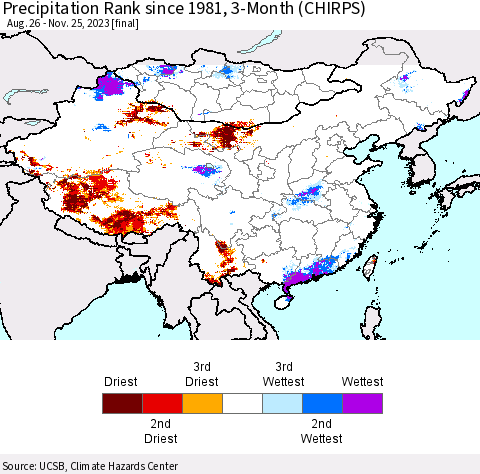 China, Mongolia and Taiwan Precipitation Rank since 1981, 3-Month (CHIRPS) Thematic Map For 8/26/2023 - 11/25/2023