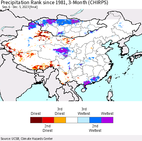 China, Mongolia and Taiwan Precipitation Rank since 1981, 3-Month (CHIRPS) Thematic Map For 9/6/2023 - 12/5/2023