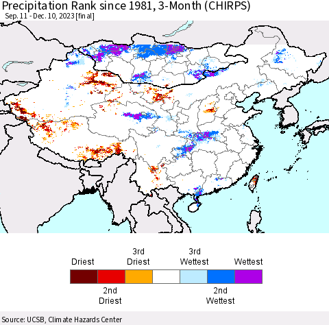 China, Mongolia and Taiwan Precipitation Rank since 1981, 3-Month (CHIRPS) Thematic Map For 9/11/2023 - 12/10/2023