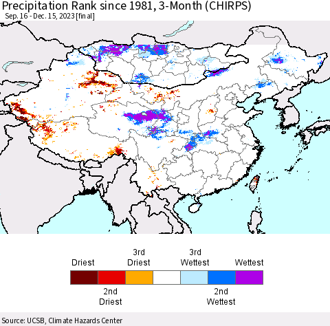 China, Mongolia and Taiwan Precipitation Rank since 1981, 3-Month (CHIRPS) Thematic Map For 9/16/2023 - 12/15/2023