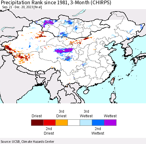 China, Mongolia and Taiwan Precipitation Rank since 1981, 3-Month (CHIRPS) Thematic Map For 9/21/2023 - 12/20/2023