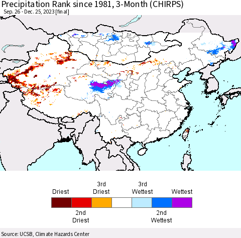 China, Mongolia and Taiwan Precipitation Rank since 1981, 3-Month (CHIRPS) Thematic Map For 9/26/2023 - 12/25/2023