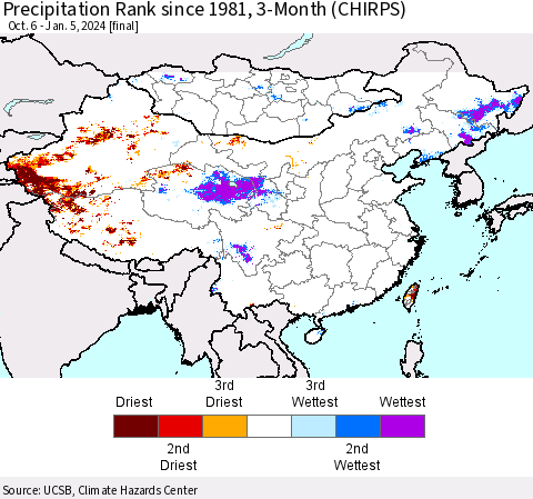 China, Mongolia and Taiwan Precipitation Rank since 1981, 3-Month (CHIRPS) Thematic Map For 10/6/2023 - 1/5/2024