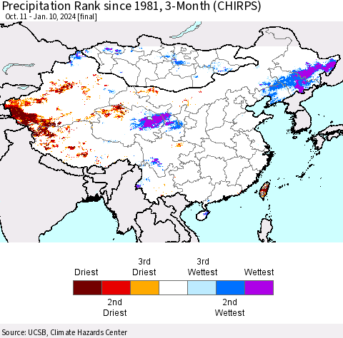 China, Mongolia and Taiwan Precipitation Rank since 1981, 3-Month (CHIRPS) Thematic Map For 10/11/2023 - 1/10/2024