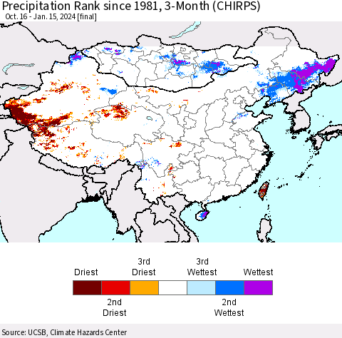 China, Mongolia and Taiwan Precipitation Rank since 1981, 3-Month (CHIRPS) Thematic Map For 10/16/2023 - 1/15/2024