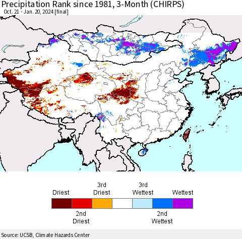 China, Mongolia and Taiwan Precipitation Rank since 1981, 3-Month (CHIRPS) Thematic Map For 10/21/2023 - 1/20/2024