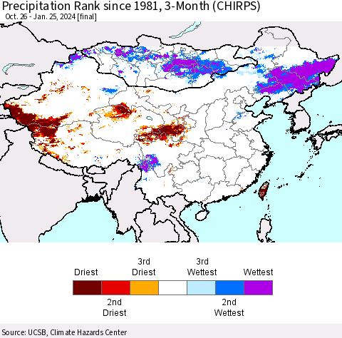 China, Mongolia and Taiwan Precipitation Rank since 1981, 3-Month (CHIRPS) Thematic Map For 10/26/2023 - 1/25/2024
