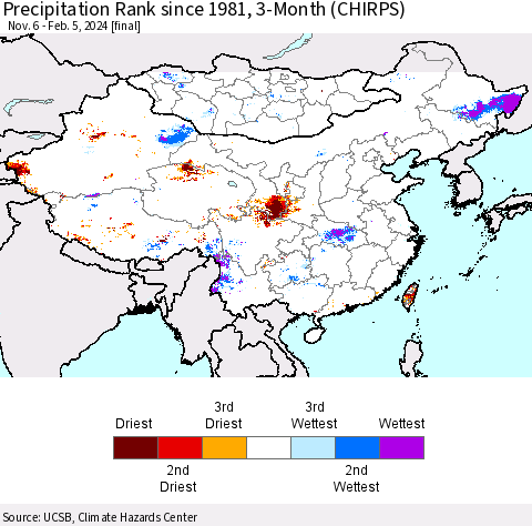 China, Mongolia and Taiwan Precipitation Rank since 1981, 3-Month (CHIRPS) Thematic Map For 11/6/2023 - 2/5/2024