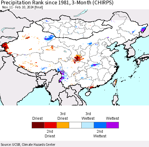 China, Mongolia and Taiwan Precipitation Rank since 1981, 3-Month (CHIRPS) Thematic Map For 11/11/2023 - 2/10/2024