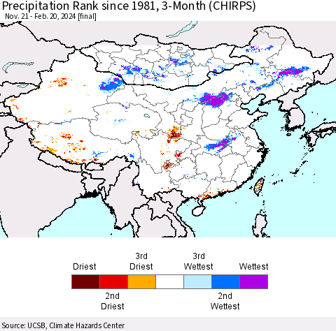 China, Mongolia and Taiwan Precipitation Rank since 1981, 3-Month (CHIRPS) Thematic Map For 11/21/2023 - 2/20/2024