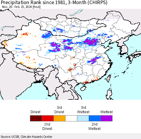 China, Mongolia and Taiwan Precipitation Rank since 1981, 3-Month (CHIRPS) Thematic Map For 11/26/2023 - 2/25/2024