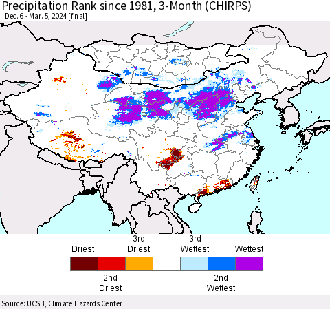 China, Mongolia and Taiwan Precipitation Rank since 1981, 3-Month (CHIRPS) Thematic Map For 12/6/2023 - 3/5/2024