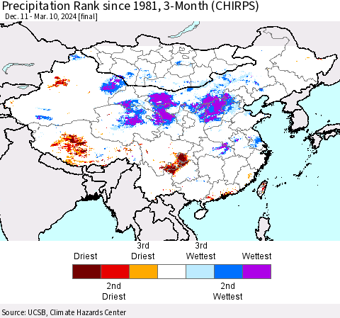 China, Mongolia and Taiwan Precipitation Rank since 1981, 3-Month (CHIRPS) Thematic Map For 12/11/2023 - 3/10/2024