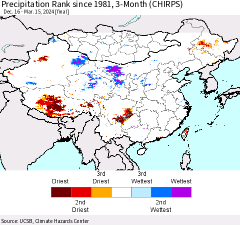 China, Mongolia and Taiwan Precipitation Rank since 1981, 3-Month (CHIRPS) Thematic Map For 12/16/2023 - 3/15/2024