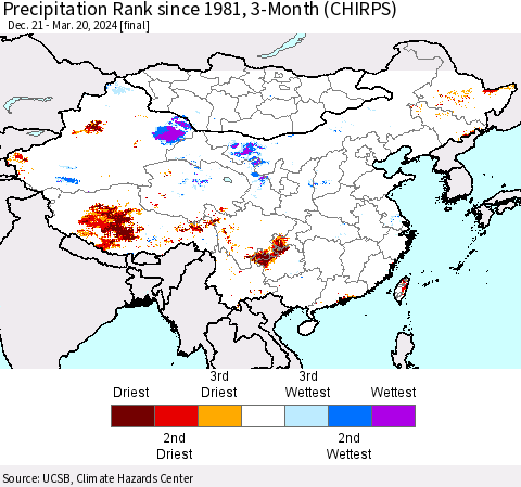 China, Mongolia and Taiwan Precipitation Rank since 1981, 3-Month (CHIRPS) Thematic Map For 12/21/2023 - 3/20/2024