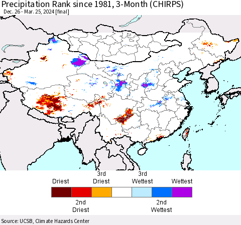 China, Mongolia and Taiwan Precipitation Rank since 1981, 3-Month (CHIRPS) Thematic Map For 12/26/2023 - 3/25/2024