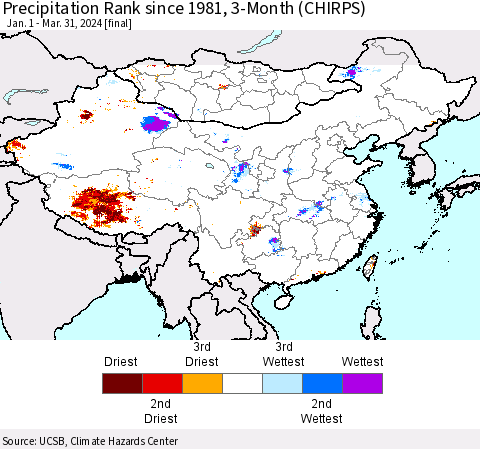 China, Mongolia and Taiwan Precipitation Rank since 1981, 3-Month (CHIRPS) Thematic Map For 1/1/2024 - 3/31/2024