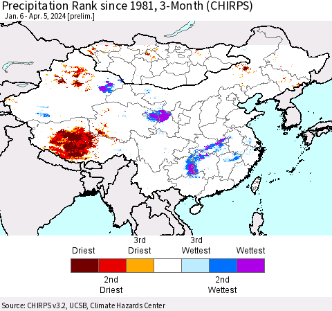 China, Mongolia and Taiwan Precipitation Rank since 1981, 3-Month (CHIRPS) Thematic Map For 1/6/2024 - 4/5/2024