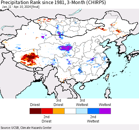 China, Mongolia and Taiwan Precipitation Rank since 1981, 3-Month (CHIRPS) Thematic Map For 1/11/2024 - 4/10/2024
