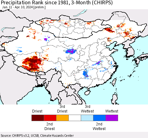 China, Mongolia and Taiwan Precipitation Rank since 1981, 3-Month (CHIRPS) Thematic Map For 1/11/2024 - 4/10/2024