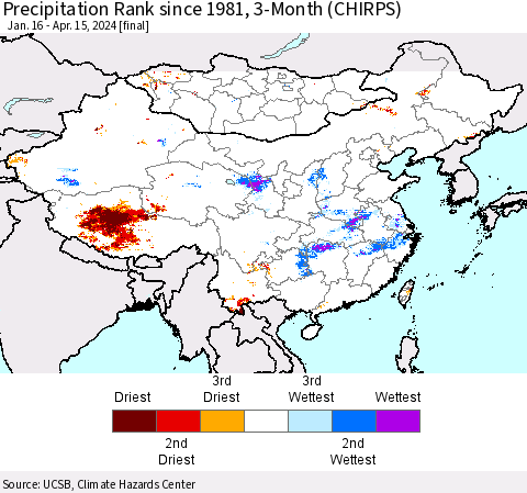 China, Mongolia and Taiwan Precipitation Rank since 1981, 3-Month (CHIRPS) Thematic Map For 1/16/2024 - 4/15/2024