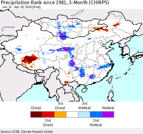 China, Mongolia and Taiwan Precipitation Rank since 1981, 3-Month (CHIRPS) Thematic Map For 1/21/2024 - 4/20/2024