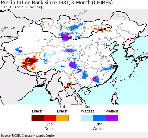 China, Mongolia and Taiwan Precipitation Rank since 1981, 3-Month (CHIRPS) Thematic Map For 1/26/2024 - 4/25/2024