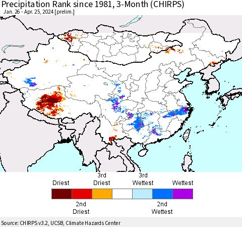 China, Mongolia and Taiwan Precipitation Rank since 1981, 3-Month (CHIRPS) Thematic Map For 1/26/2024 - 4/25/2024