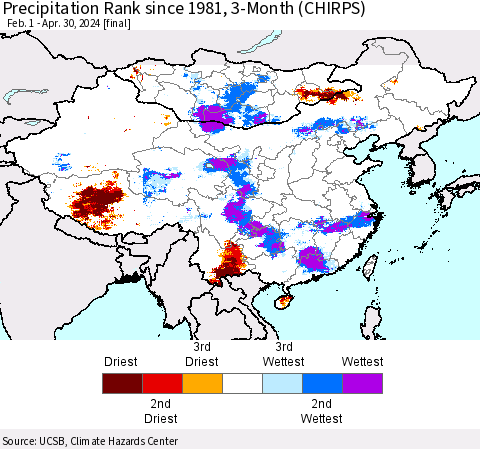 China, Mongolia and Taiwan Precipitation Rank since 1981, 3-Month (CHIRPS) Thematic Map For 2/1/2024 - 4/30/2024