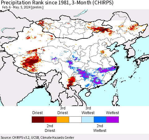 China, Mongolia and Taiwan Precipitation Rank since 1981, 3-Month (CHIRPS) Thematic Map For 2/6/2024 - 5/5/2024