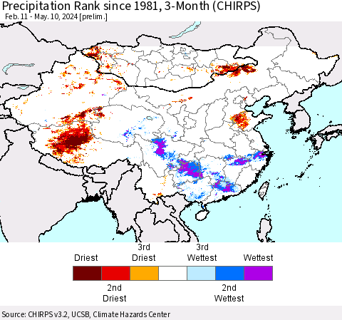 China, Mongolia and Taiwan Precipitation Rank since 1981, 3-Month (CHIRPS) Thematic Map For 2/11/2024 - 5/10/2024