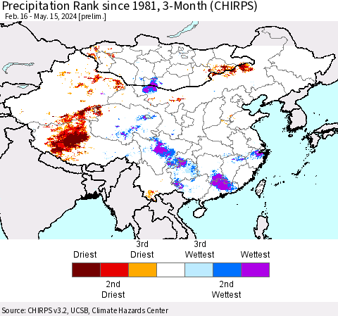 China, Mongolia and Taiwan Precipitation Rank since 1981, 3-Month (CHIRPS) Thematic Map For 2/16/2024 - 5/15/2024
