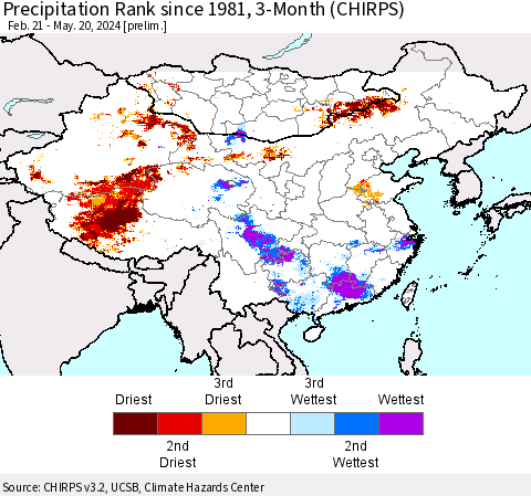 China, Mongolia and Taiwan Precipitation Rank since 1981, 3-Month (CHIRPS) Thematic Map For 2/21/2024 - 5/20/2024