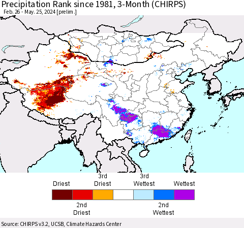 China, Mongolia and Taiwan Precipitation Rank since 1981, 3-Month (CHIRPS) Thematic Map For 2/26/2024 - 5/25/2024