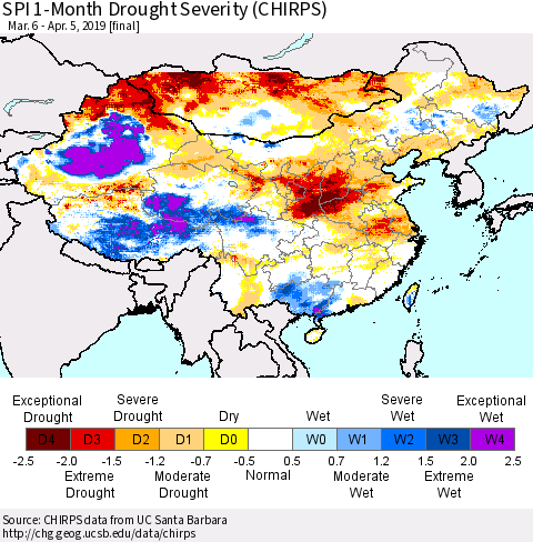 China, Mongolia and Taiwan SPI 1-Month Drought Severity (CHIRPS) Thematic Map For 3/6/2019 - 4/5/2019
