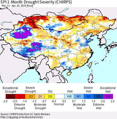 China and Taiwan SPI 1-Month Drought Severity (CHIRPS) Thematic Map For 3/11/2019 - 4/10/2019